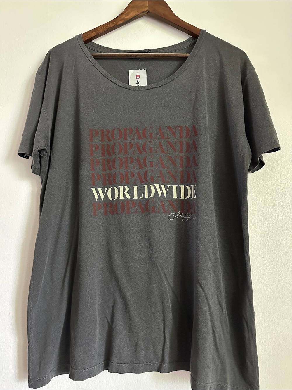 Obey Charcoal Tee with Red and Cream Graphic